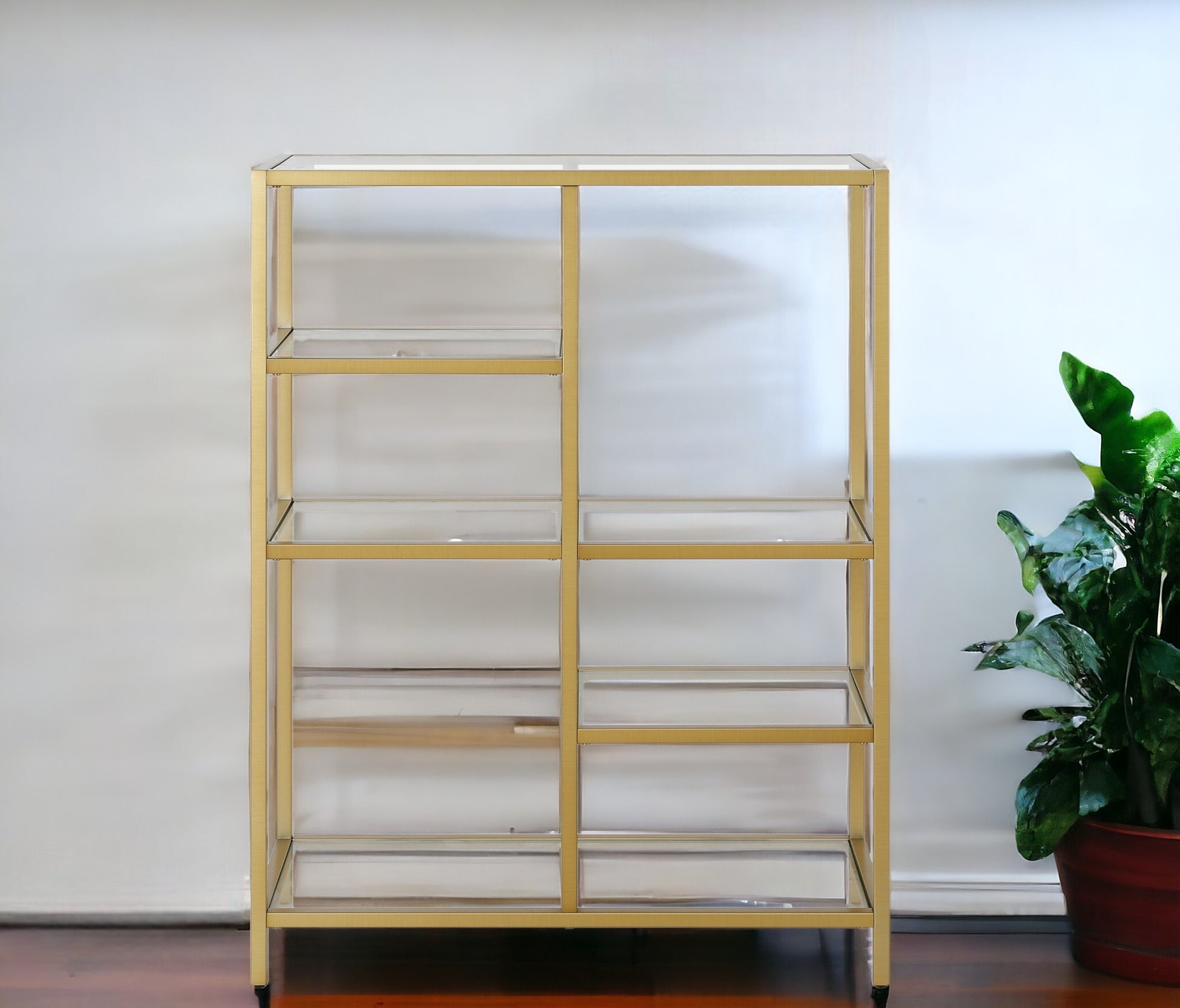 42" Gold Metal And Glass Five Tier Geometric Bookcase - FurniFindUSA