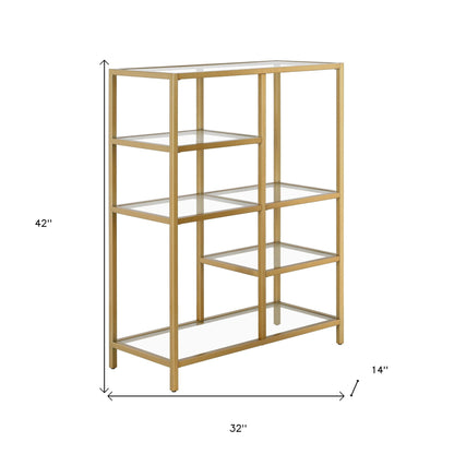 42" Gold Metal And Glass Five Tier Geometric Bookcase - FurniFindUSA