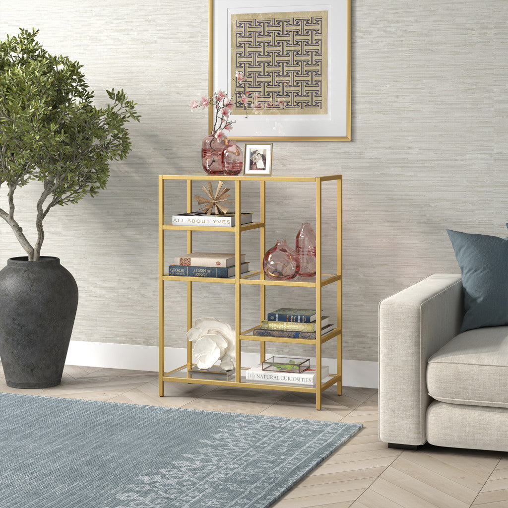 42" Gold Metal And Glass Five Tier Geometric Bookcase - FurniFindUSA