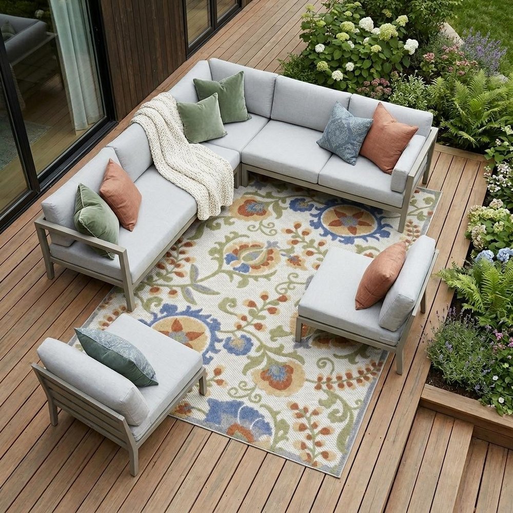 6' X 9' Ivory And Blue Indoor Outdoor Area Rug — view 11