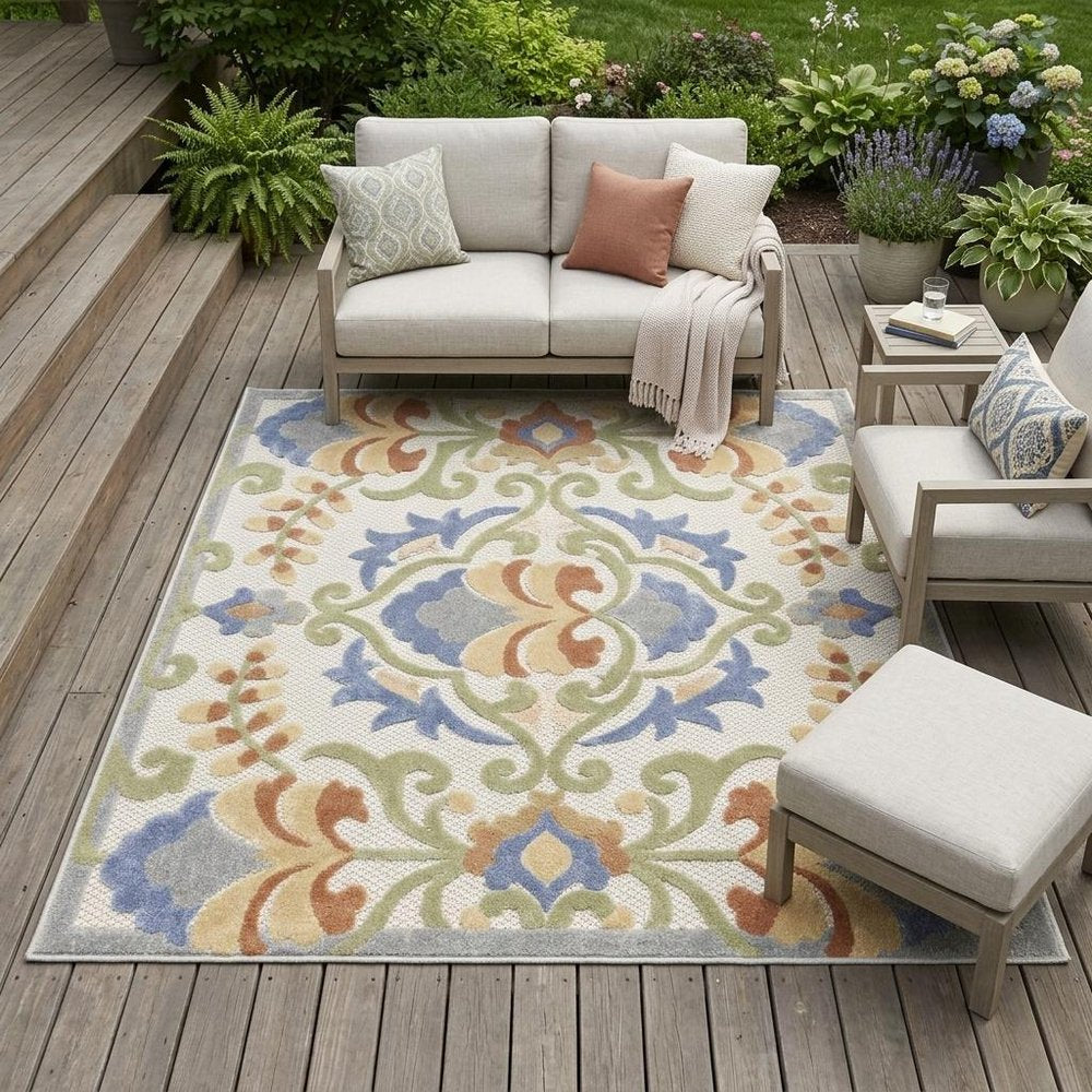4' X 6' Ivory And Blue Indoor Outdoor Area Rug HomeRoots