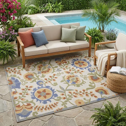 5' X 7' Ivory And Blue Indoor Outdoor Area Rug HomeRoots