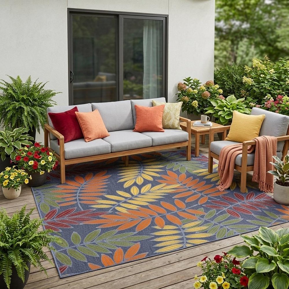 5' X 7' Orange Green And Blue Indoor Outdoor Area Rug — view 10