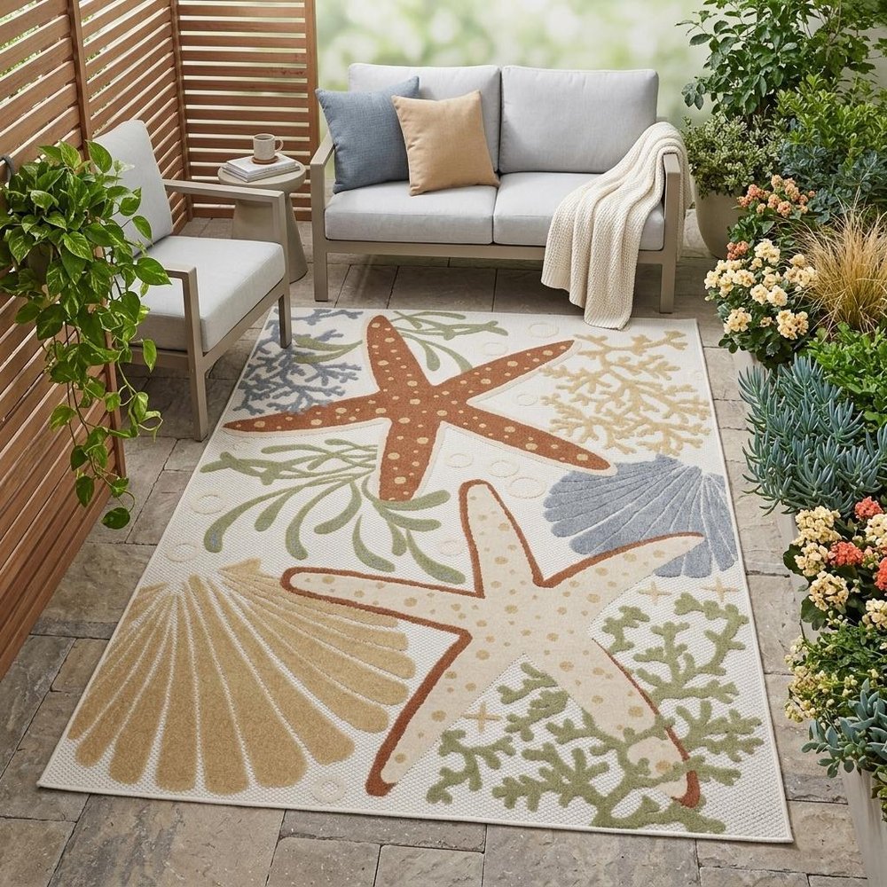 4' X 6' Ivory Orange And Blue Indoor Outdoor Area Rug HomeRoots