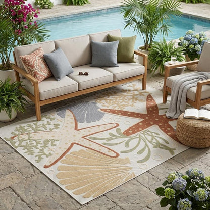 5' X 7' Ivory Orange and Blue Indoor Outdoor Area Rug HomeRoots