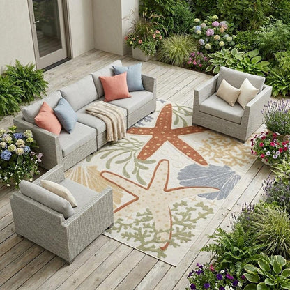 6' X 9' Ivory Orange And Blue Indoor Outdoor Area Rug HomeRoots