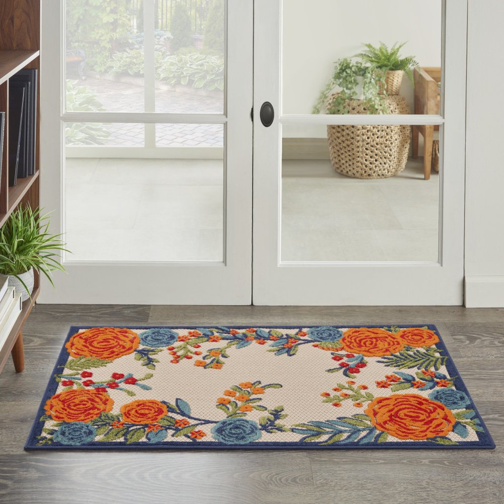 3' X 4' Ivory Orange and Blue Floral Indoor Outdoor Area Rug HomeRoots
