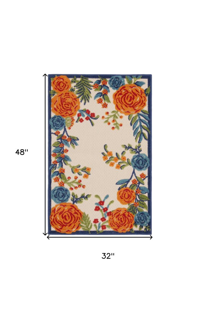 3' X 4' Ivory Orange and Blue Floral Indoor Outdoor Area Rug — view 1