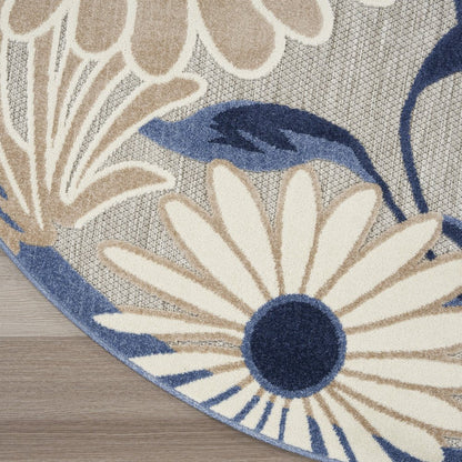 8' Blue and Gray Round Floral Indoor Outdoor Area Rug
