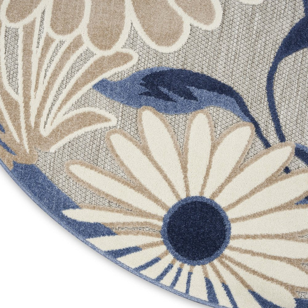 8' Blue and Gray Round Floral Indoor Outdoor Area Rug — view 4