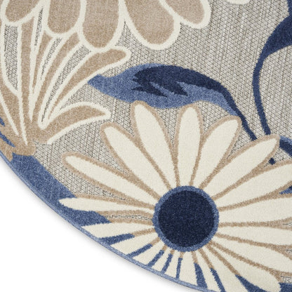 8' Blue and Gray Round Floral Indoor Outdoor Area Rug