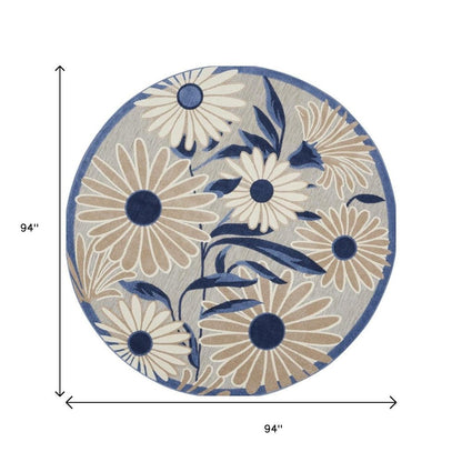 8' Blue and Gray Round Floral Indoor Outdoor Area Rug