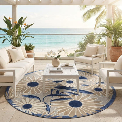 8' Blue and Gray Round Floral Indoor Outdoor Area Rug HomeRoots