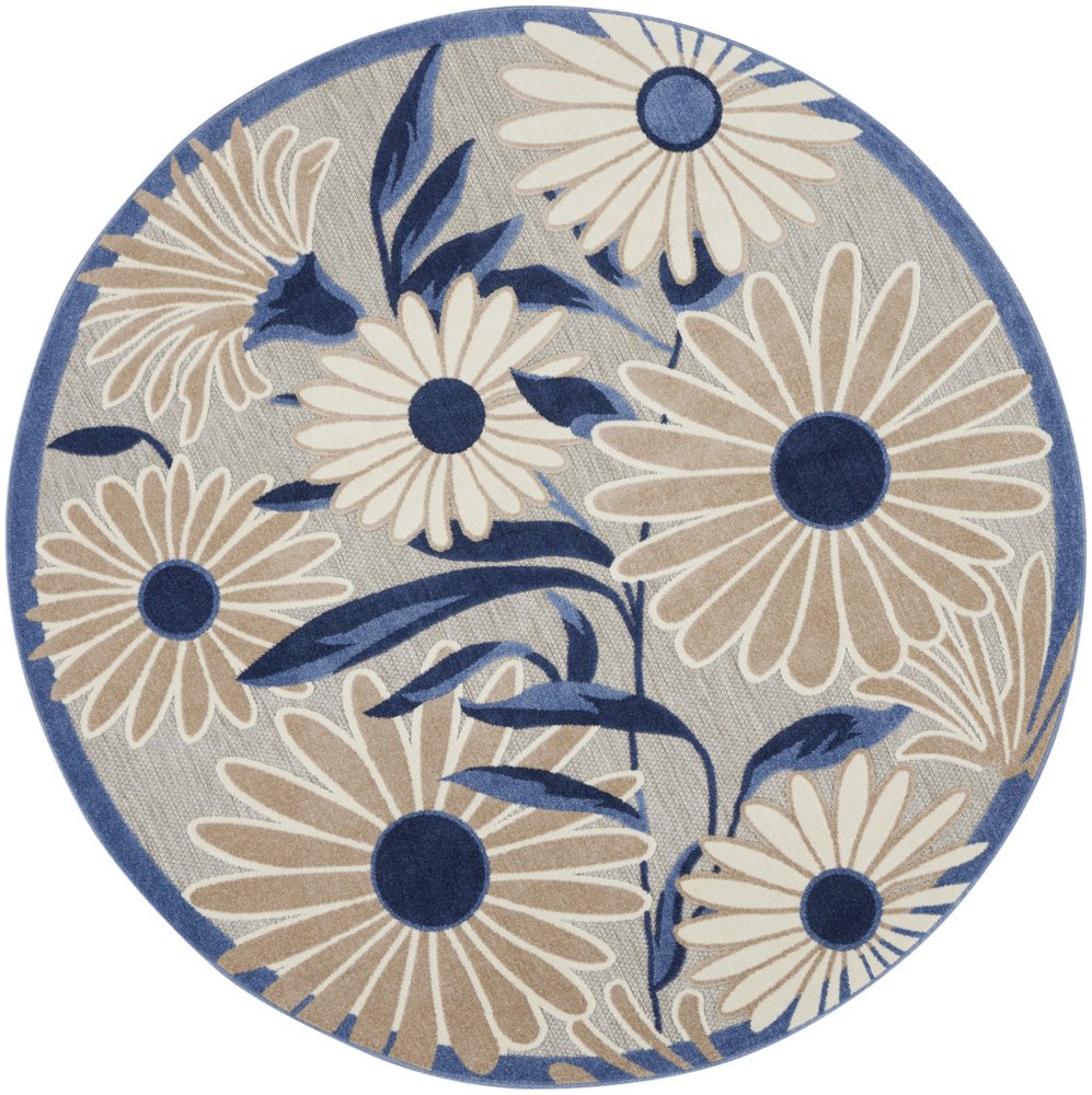 8' Blue and Gray Round Floral Indoor Outdoor Area Rug — view 6