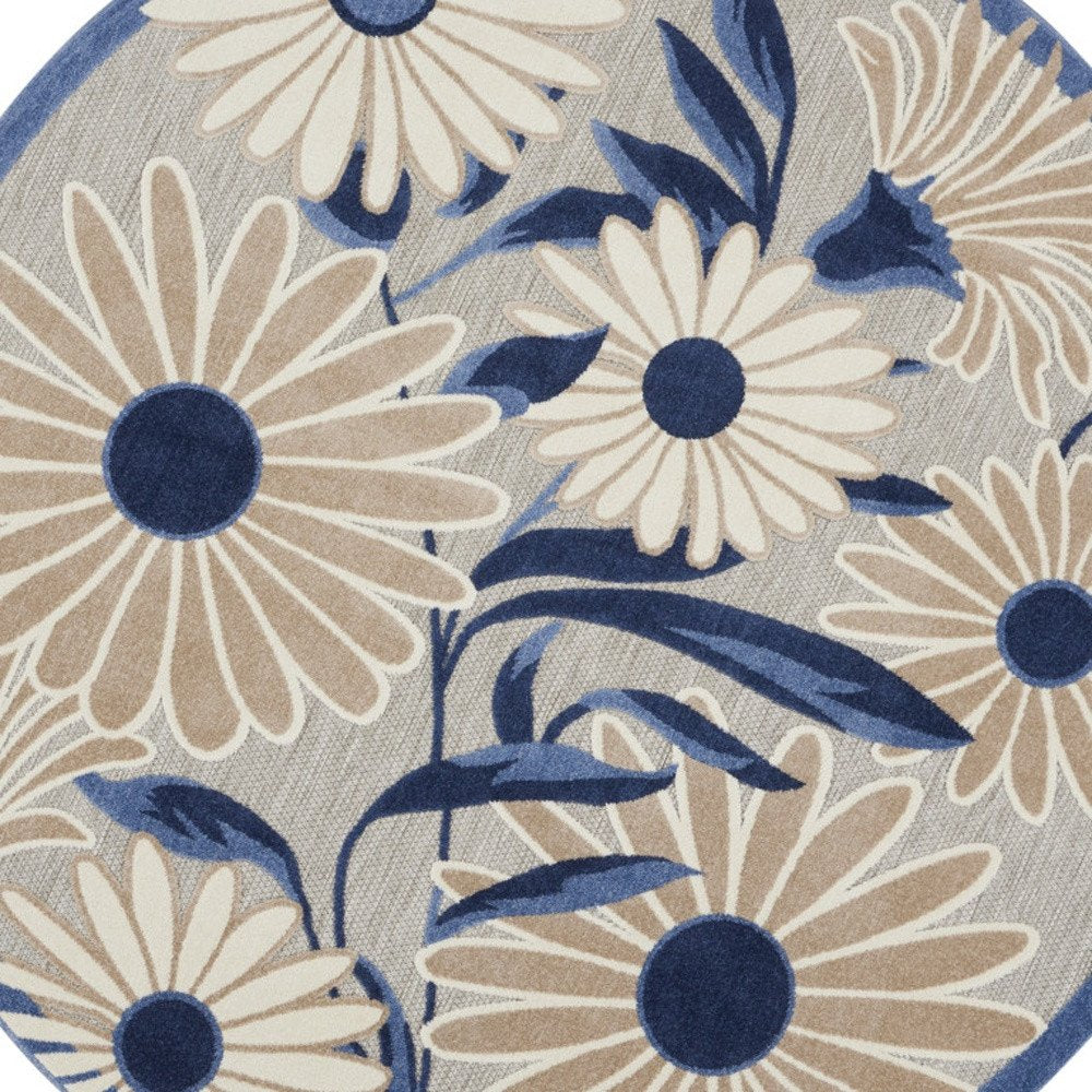 8' Blue and Gray Round Floral Indoor Outdoor Area Rug — view 1