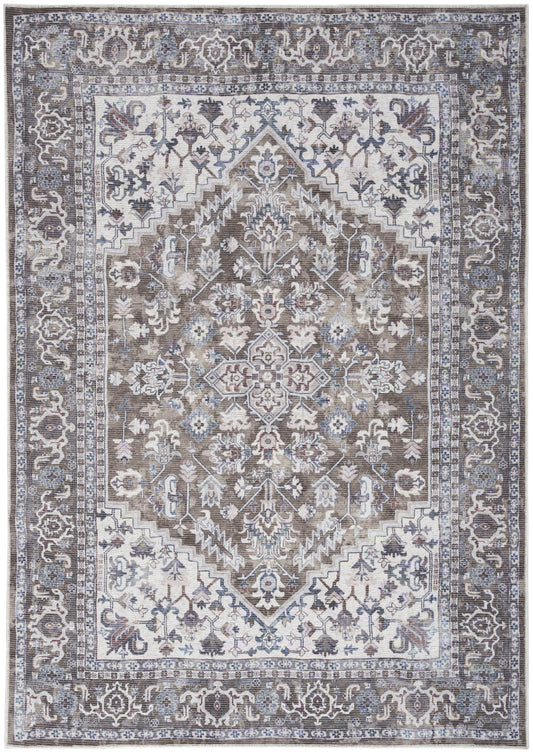 6' X 9' Gray Ivory and Blue Floral Distressed Washable Area Rug - 72.0" (H) x 108.0" (W) x 0.28" (D)