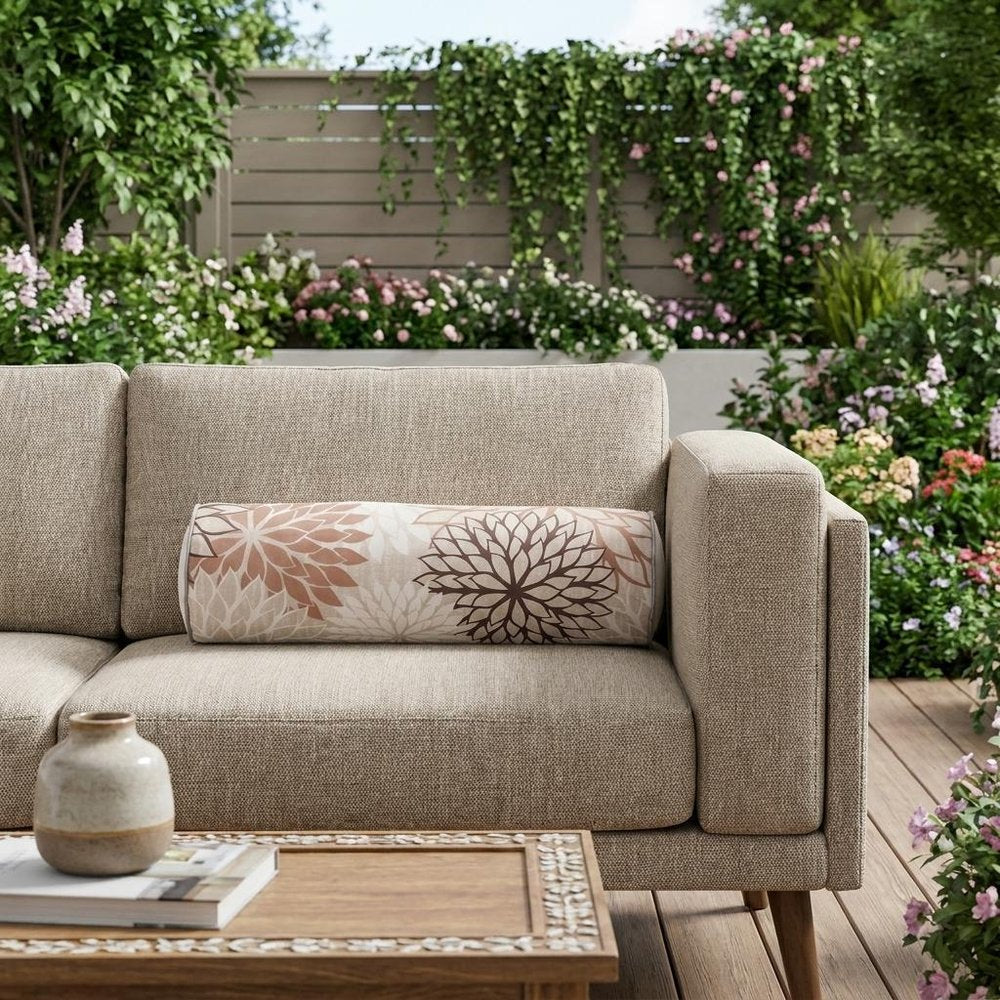 6" X 20" Brown Beige and Ivory Bolster Floral Indoor Outdoor Throw Pillow — view 7