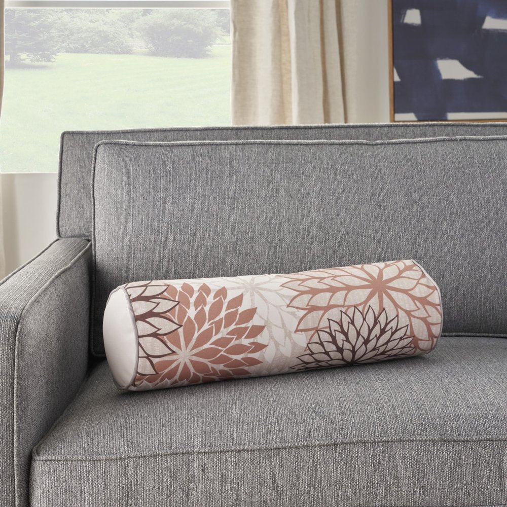 6" X 20" Brown Beige and Ivory Bolster Floral Indoor Outdoor Throw Pillow — view 2
