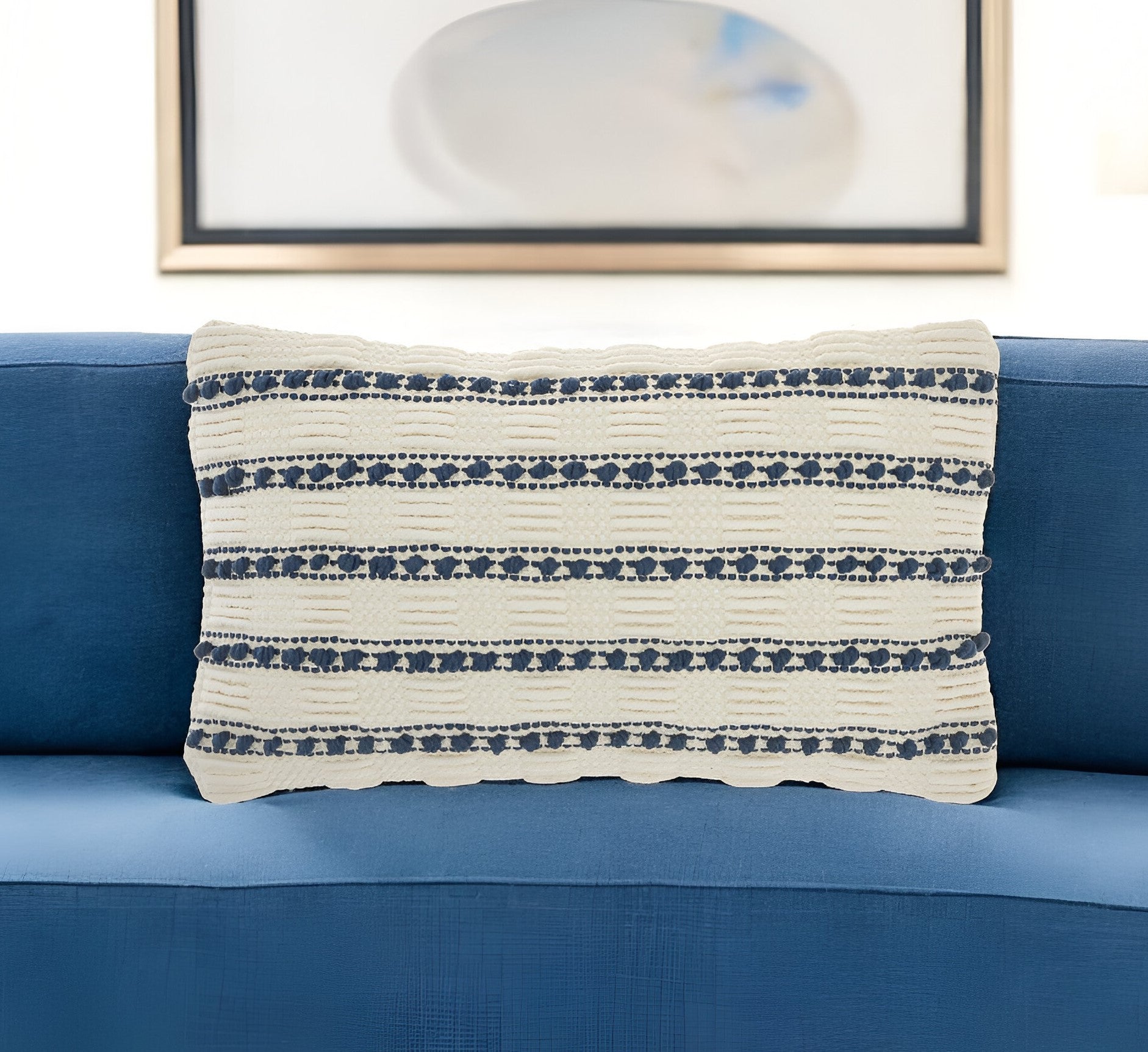12" X 20" Ivory and Blue Striped Cotton Blend Throw Pillow With Texture FurniFindUSA