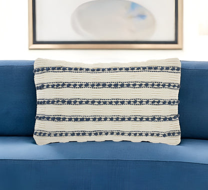 12" X 20" Ivory and Blue Striped Cotton Blend Throw Pillow With Texture FurniFindUSA