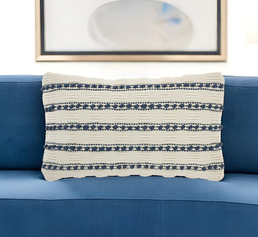 12" X 20" Ivory and Blue Striped Cotton Blend Throw Pillow With Texture FurniFindUSA