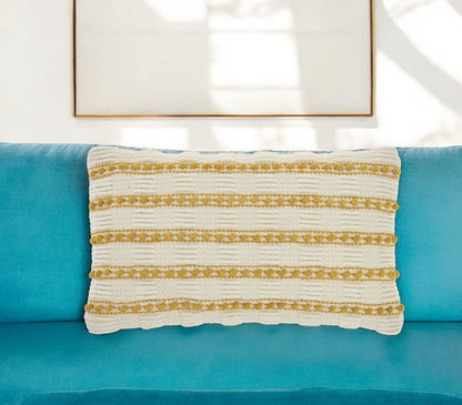 12" X 20" Yellow and Ivory Striped Cotton Blend Throw Pillow With Texture FurniFindUSA