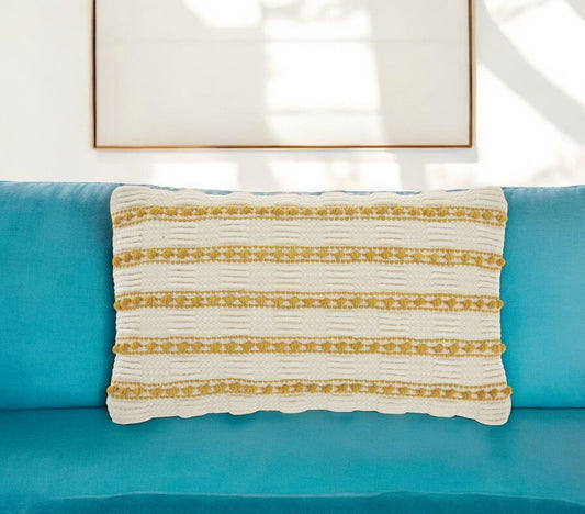12" X 20" Yellow and Ivory Striped Cotton Blend Throw Pillow With Texture FurniFindUSA