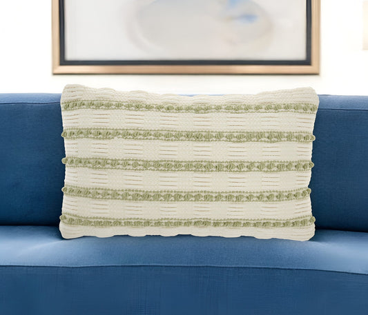 12" X 20" Sage and Ivory Striped Cotton Blend Throw Pillow With Texture FurniFindUSA