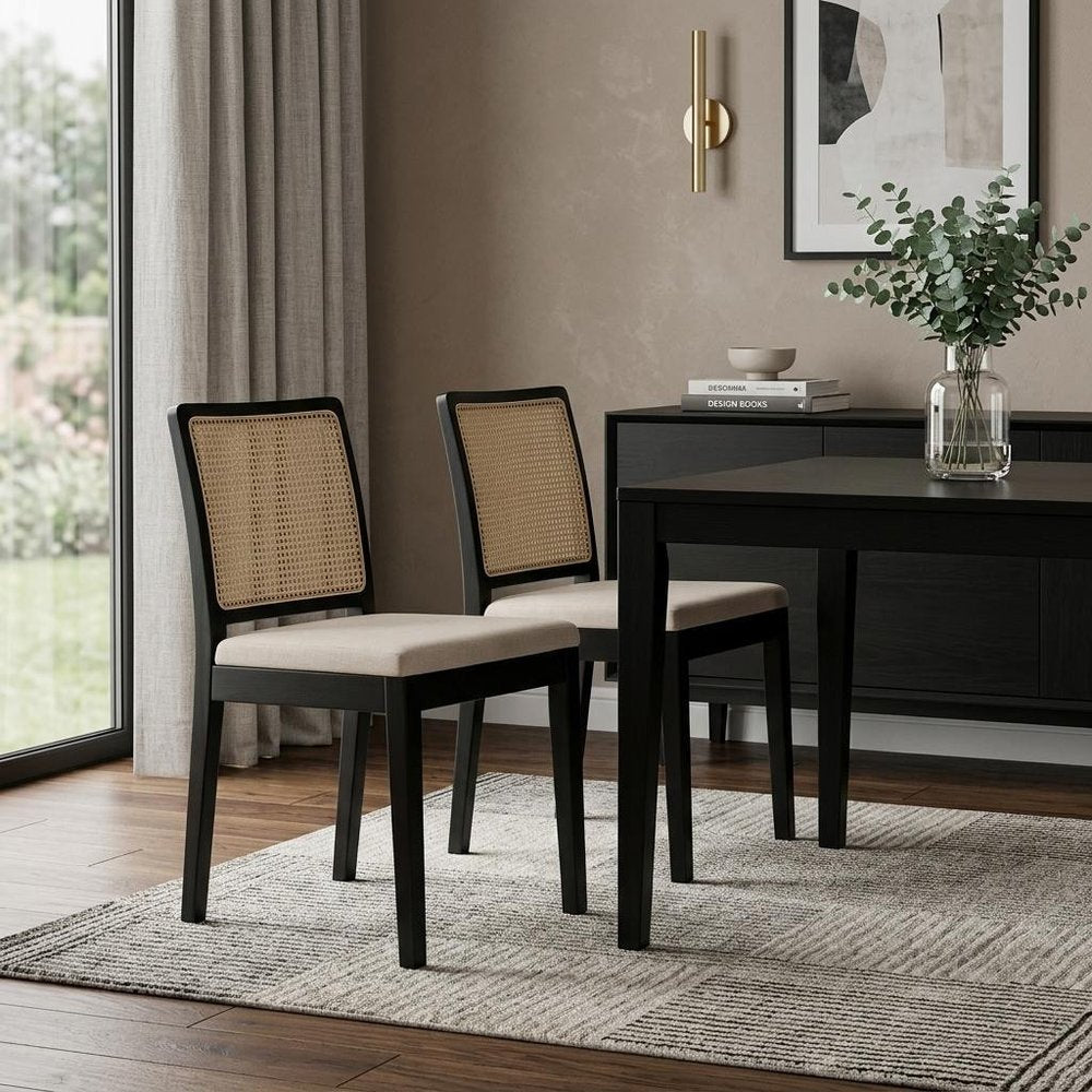 Set of Two Black And Cream Fabric Dining Side Chairs HomeRoots