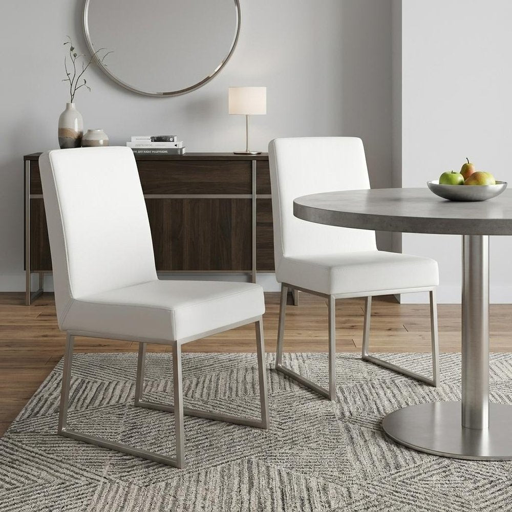 Set of Two White And Silver Faux Leather And Stainless Steel Dining Side Chairs HomeRoots