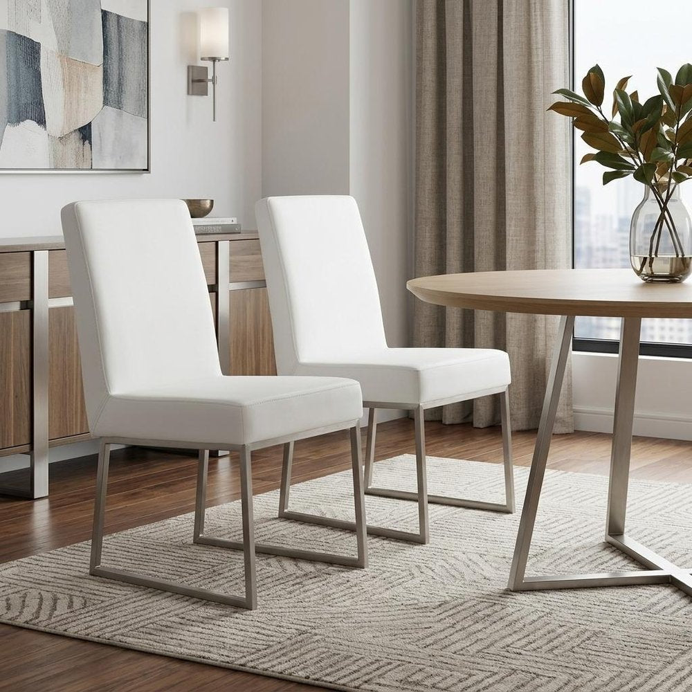 Set of Two White And Silver Faux Leather And Stainless Steel Dining Side Chairs HomeRoots