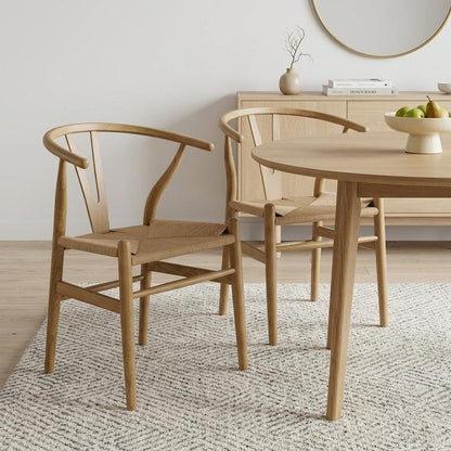 Set of Two Natural Solid Wood Wishbone Back Dining Arm Chairs HomeRoots