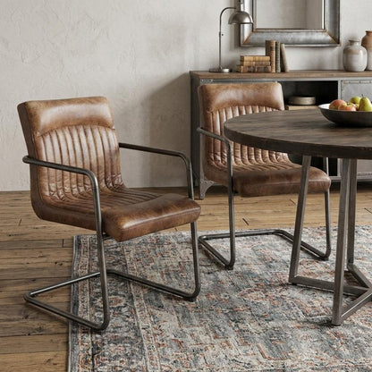 Set of Two Brown And Black And Brown Leather Dining Arm Chairs HomeRoots