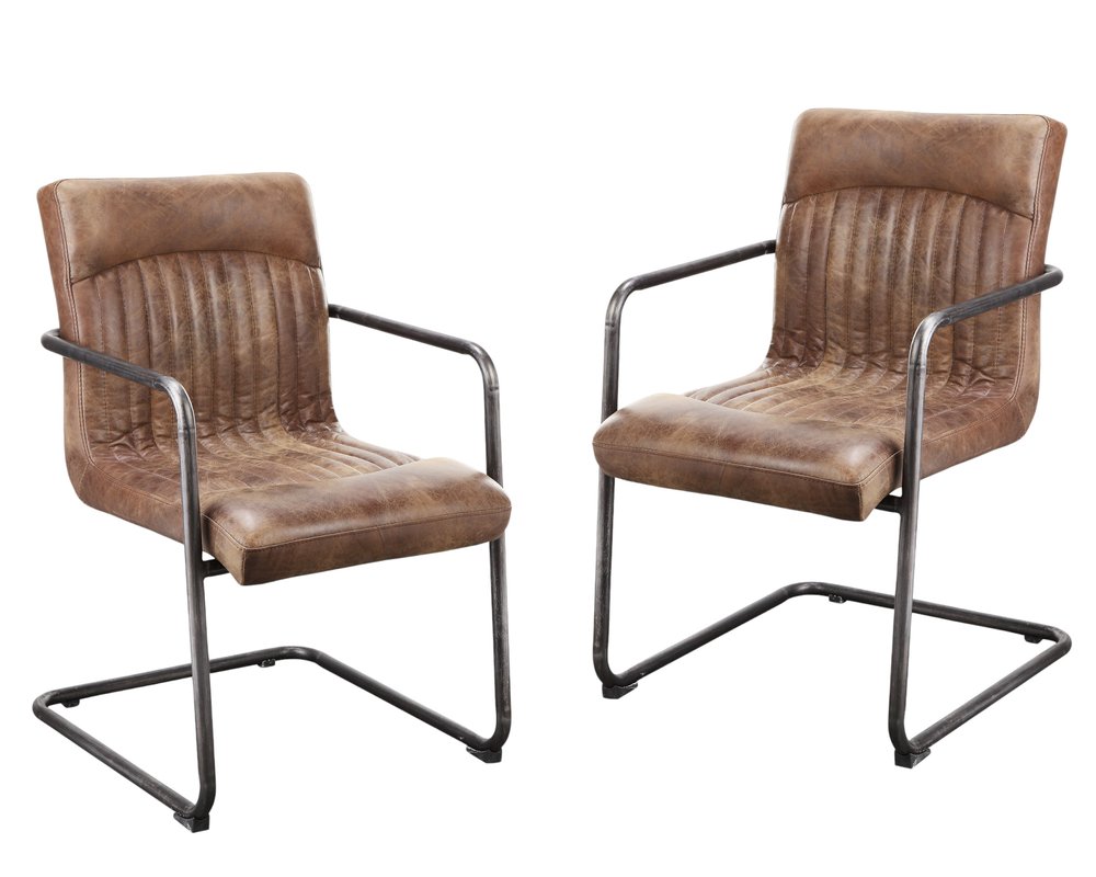Set of Two Brown And Black And Brown Leather Dining Arm Chairs HomeRoots