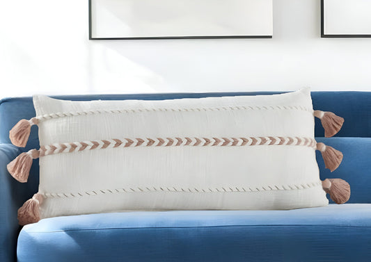 12" X 30" Pink and White Striped Cotton Lumbar Throw Pillow With Tassels FurniFindUSA