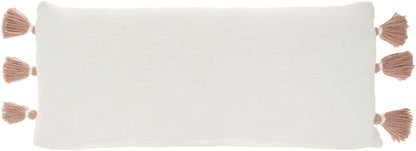 12" X 30" Pink and White Striped Cotton Lumbar Throw Pillow With Tassels FurniFindUSA