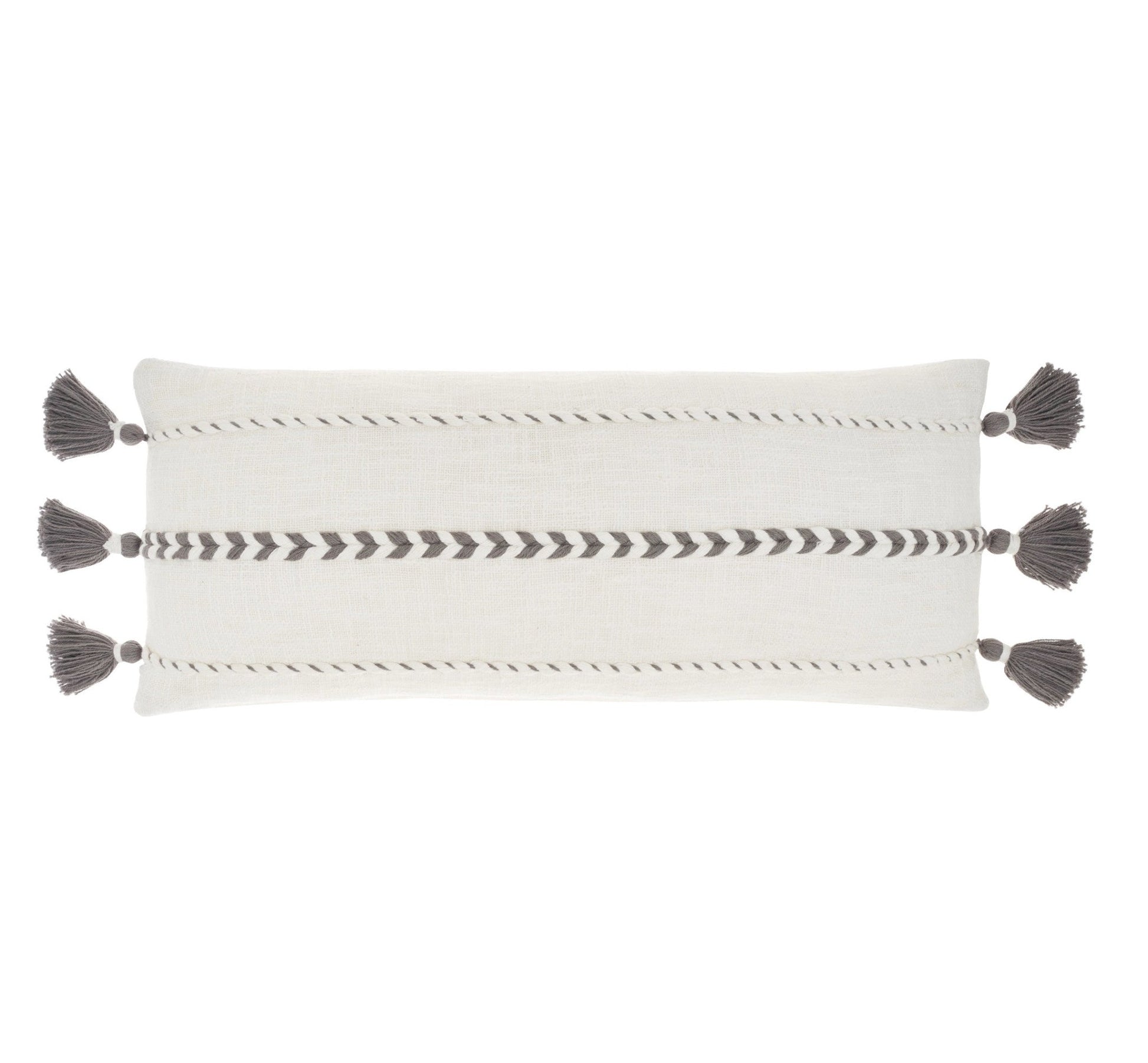 12" X 30" Gray and White Striped Cotton Lumbar Throw Pillow With Tassels FurniFindUSA
