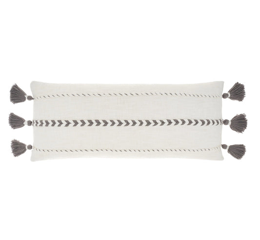 12" X 30" Gray and White Striped Cotton Lumbar Throw Pillow With Tassels FurniFindUSA