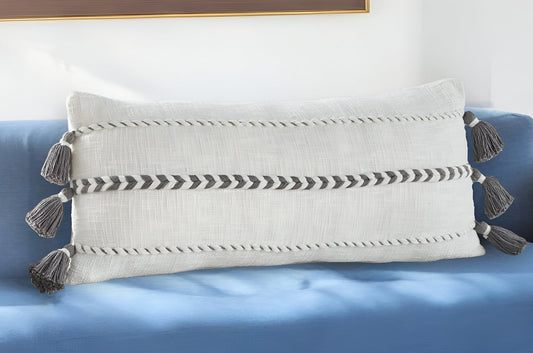 12" X 30" Gray and White Striped Cotton Lumbar Throw Pillow With Tassels FurniFindUSA