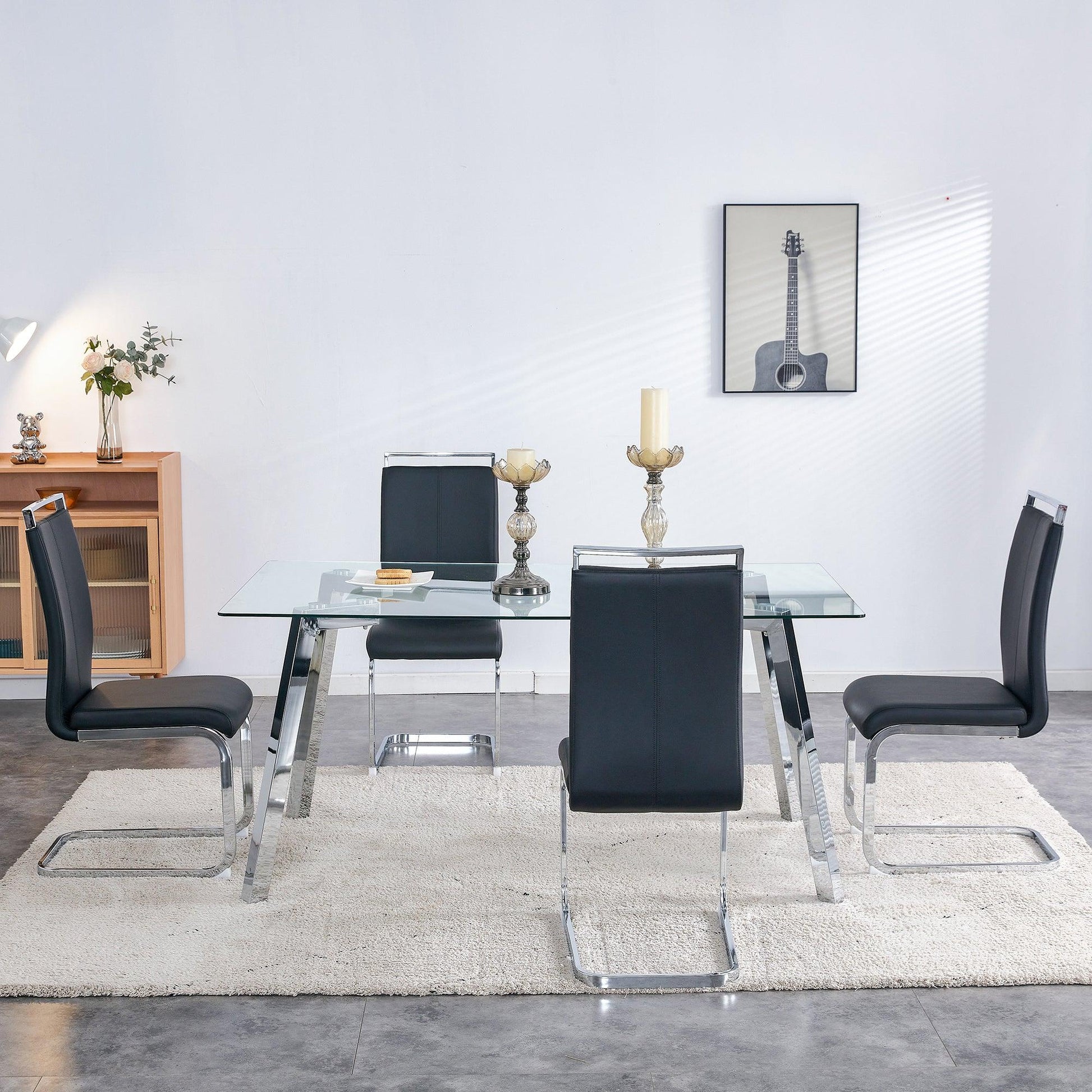 A modern minimalist rectangular glass dining table with tempered glass tabletop and silver metal legs - FurniFindUSA