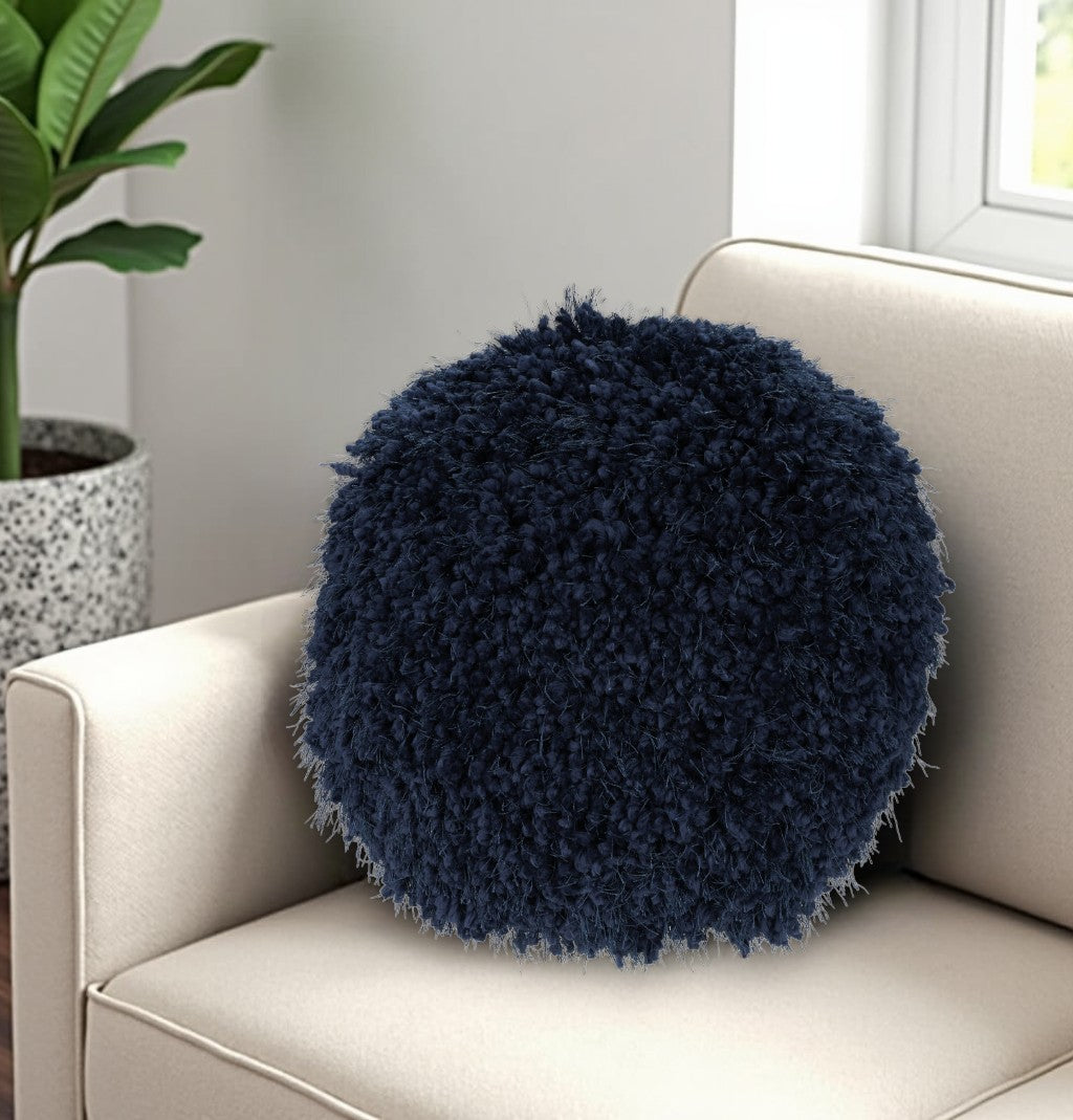 14" X 14" Navy Blue Round Shag Throw Pillow FurniFindUSA