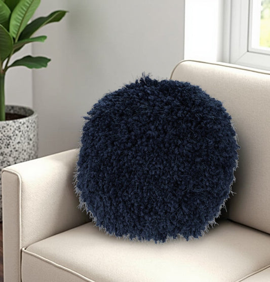 14" X 14" Navy Blue Round Shag Throw Pillow FurniFindUSA