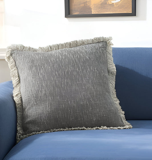 22" Charcoal Cotton Throw Pillow With Fringe FurniFindUSA