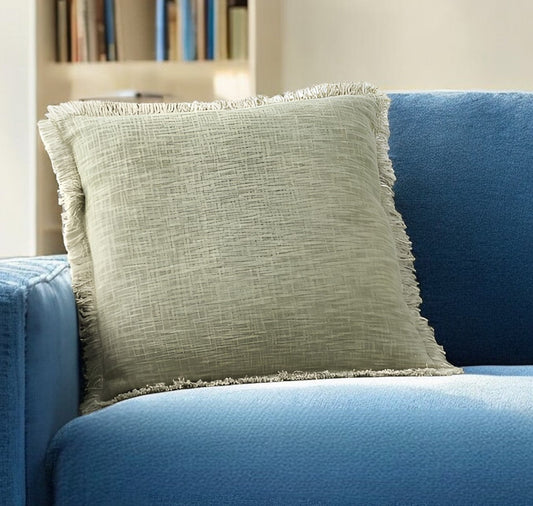 22" Sage Cotton Throw Pillow With Fringe FurniFindUSA