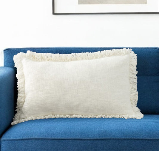 14" X 24" Ivory Cotton Throw Pillow With Fringe FurniFindUSA