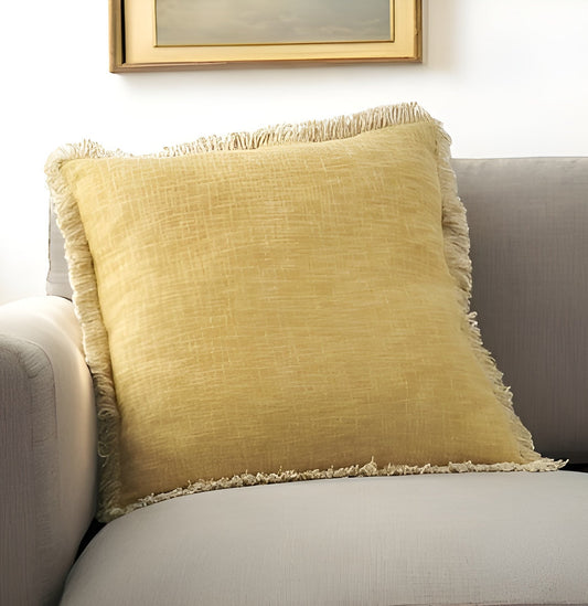 22" Yellow Cotton Throw Pillow With Fringe FurniFindUSA