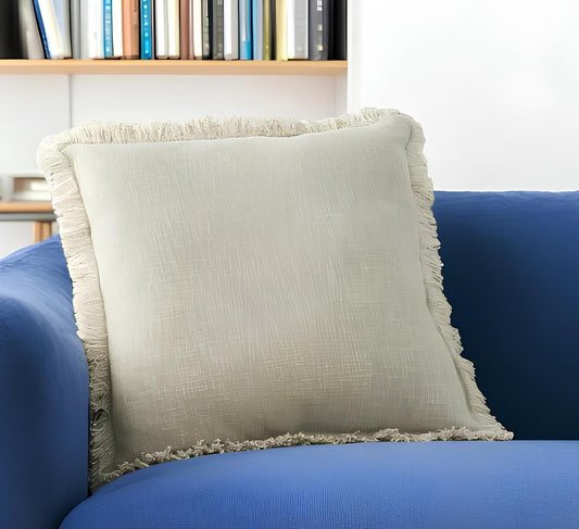 22" Taupe Cotton Throw Pillow With Fringe FurniFindUSA