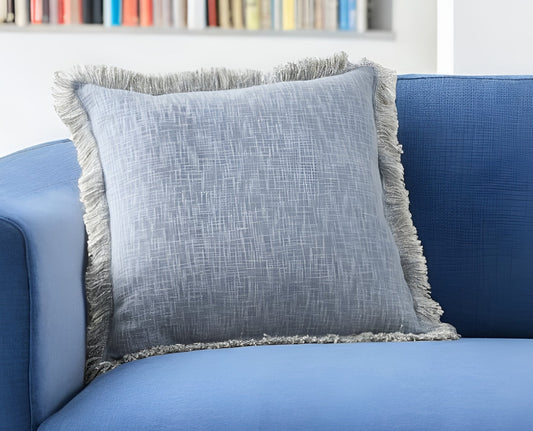 22" Blue Cotton Throw Pillow With Fringe FurniFindUSA