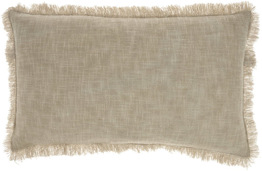 24" X 14" Taupe Linen Cotton Zippered Pillow With Fringe FurniFindUSA