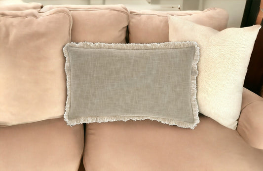 24" X 14" Taupe Linen Cotton Zippered Pillow With Fringe FurniFindUSA